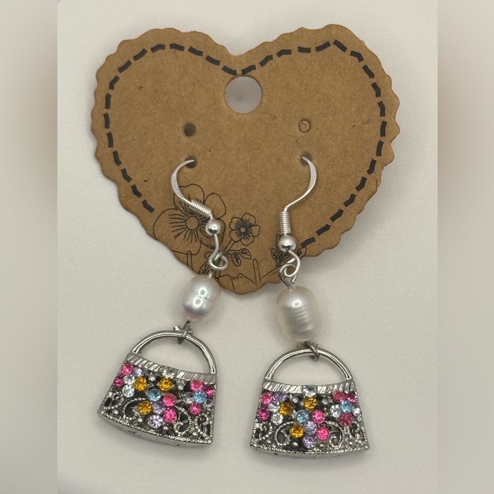 Silver Tone Multicolored Rhinestone Purse Dangle Earrings NEW